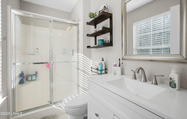 bathroom featuring toilet, vanity, and a shower with shower door