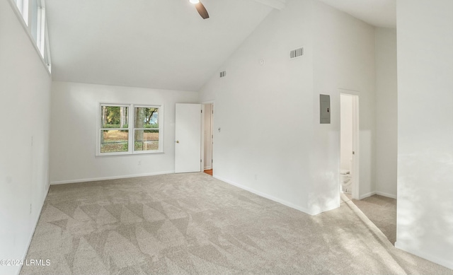 100 Thomas Sumter St, Beaufort, SC 29907 - spare room with carpet floors, high vaulted ceiling, ceiling fan, and electric panel