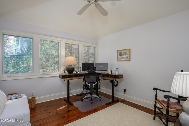 office area featuring lofted ceiling, hardwood / wood-style floors, and ceiling fan