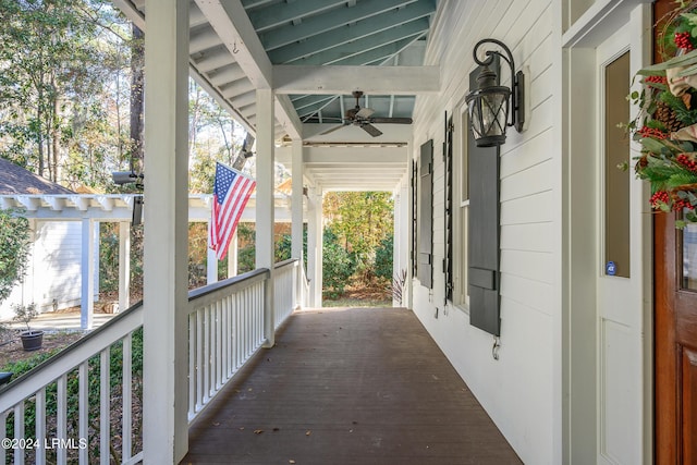 view of patio / terrace featuring ceiling fan and covered porch