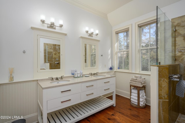 bathroom featuring vanity, hardwood / wood-style floors, and a tile shower