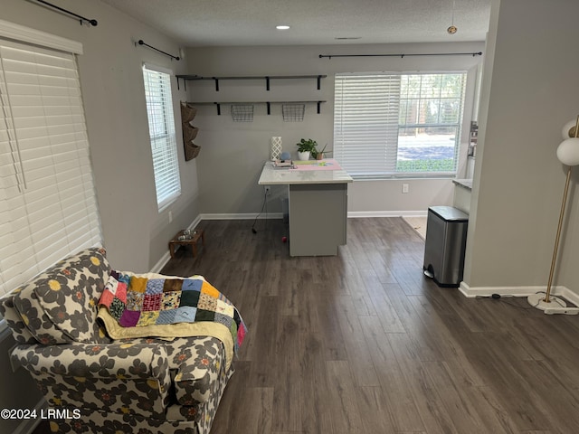 home office with dark wood-type flooring and a textured ceiling