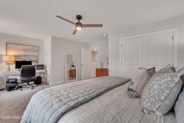 bedroom featuring a closet, carpet, a ceiling fan, and baseboards