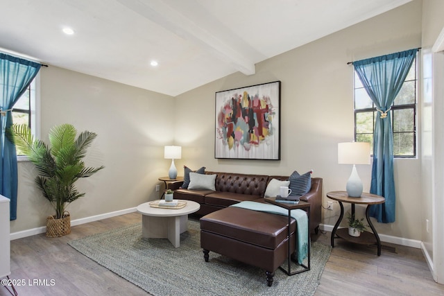 2503 Twin Oaks Ln, Port Royal, SC 29935 - living room featuring wood finished floors, healthy amount of natural light, beam ceiling, baseboards, and recessed lighting