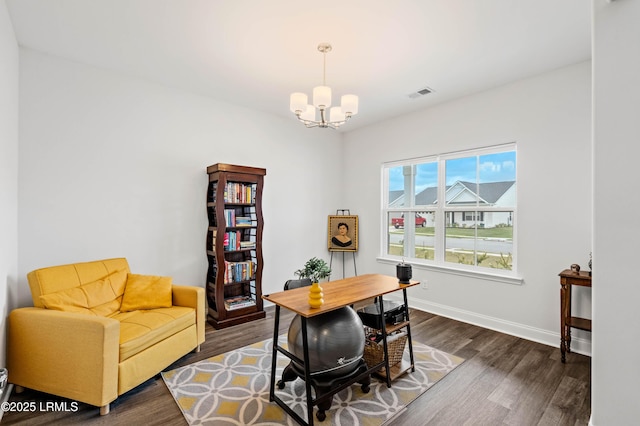 400 Ramport St, Ridgeland, SC 29936 - office area with baseboards, visible vents, a notable chandelier, and dark wood-type flooring