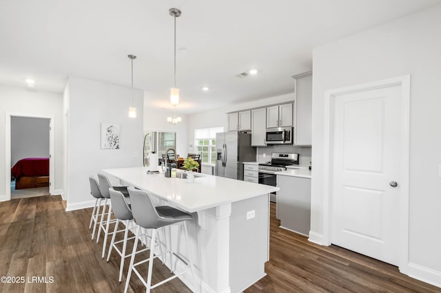 400 Ramport St, Ridgeland, SC 29936 - kitchen featuring an island with sink, a kitchen bar, a sink, appliances with stainless steel finishes, and gray cabinetry