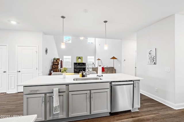 400 Ramport St, Ridgeland, SC 29936 - kitchen featuring dark wood-style flooring, a sink, light countertops, gray cabinets, and stainless steel dishwasher