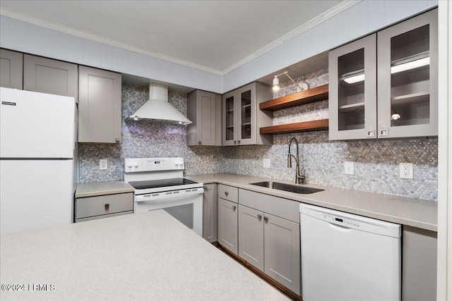 kitchen featuring backsplash, white appliances, sink, and wall chimney range hood