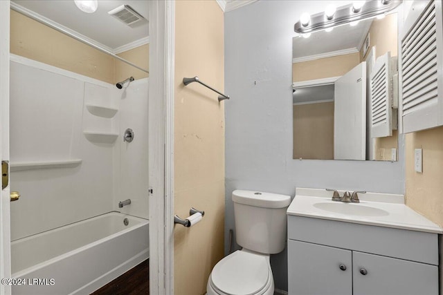 full bathroom featuring ornamental molding, toilet, shower / washtub combination, and vanity