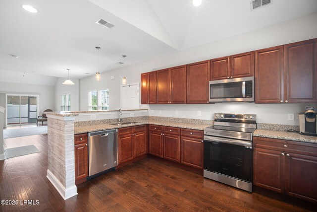 360 Dante Cir, Beaufort, SC 29906 - kitchen featuring stainless steel appliances, a sink, dark wood-style flooring, a peninsula, and lofted ceiling