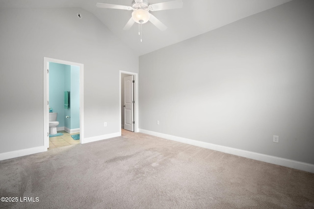 360 Dante Cir, Beaufort, SC 29906 - unfurnished bedroom featuring light colored carpet, high vaulted ceiling, baseboards, ensuite bathroom, and a ceiling fan