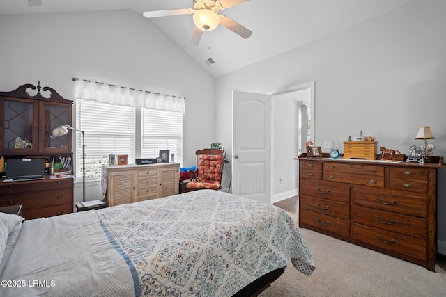 bedroom featuring high vaulted ceiling, visible vents, ceiling fan, and light carpet