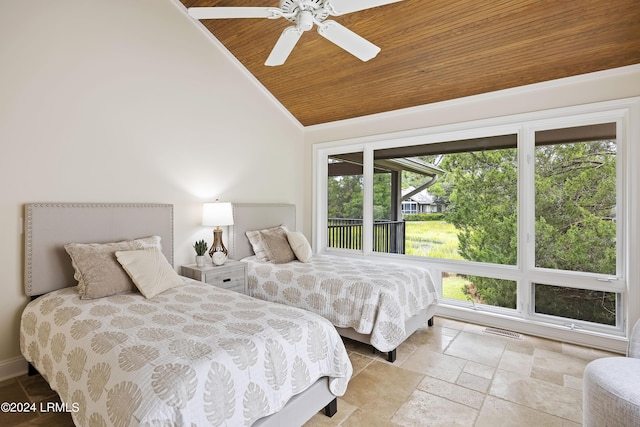 bedroom featuring ceiling fan, lofted ceiling, access to exterior, and wooden ceiling