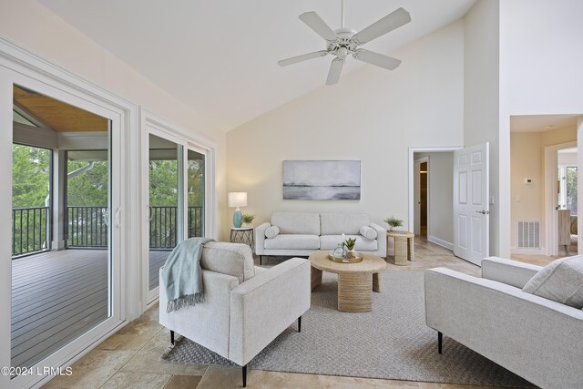 living room featuring ceiling fan and high vaulted ceiling