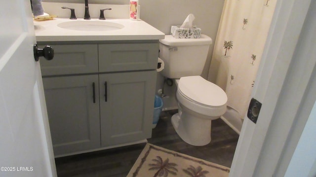 full bath featuring wood finished floors, vanity, and toilet