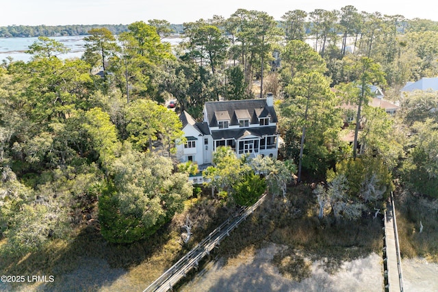 aerial view featuring a water view