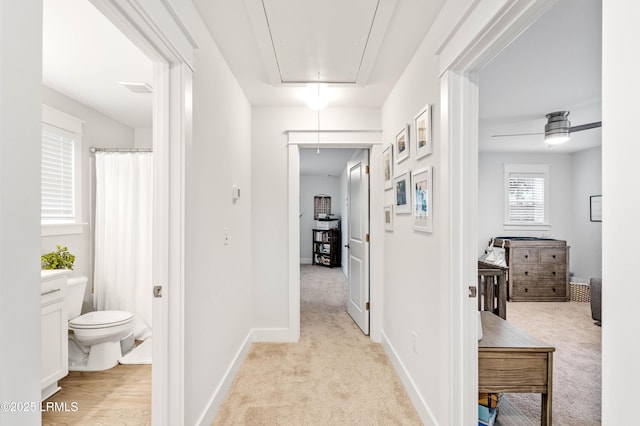 hallway featuring attic access, light carpet, and baseboards