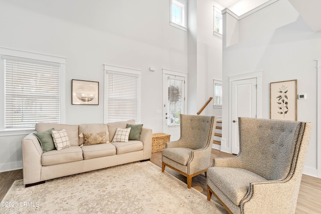 living area with a high ceiling, baseboards, and wood finished floors