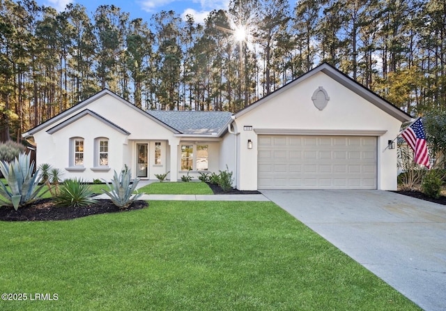 ranch-style home with stucco siding, driveway, a front lawn, a shingled roof, and a garage