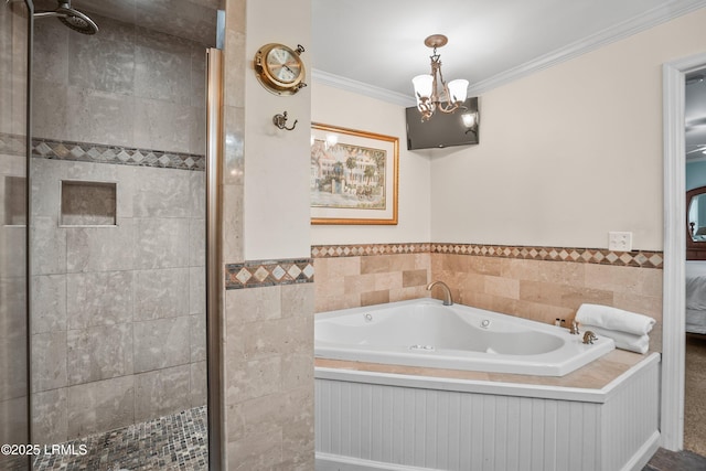 373 Pike Dr, Fripp Island, SC 29920 - bathroom with ensuite bath, a garden tub, a stall shower, crown molding, and a chandelier
