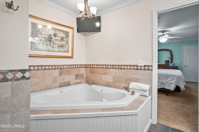 373 Pike Dr, Fripp Island, SC 29920 - ensuite bathroom with a tub with jets, crown molding, a chandelier, wainscoting, and ceiling fan