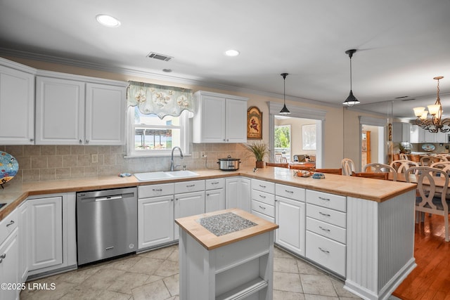 373 Pike Dr, Fripp Island, SC 29920 - kitchen with dishwasher, a peninsula, wood counters, white cabinetry, and backsplash