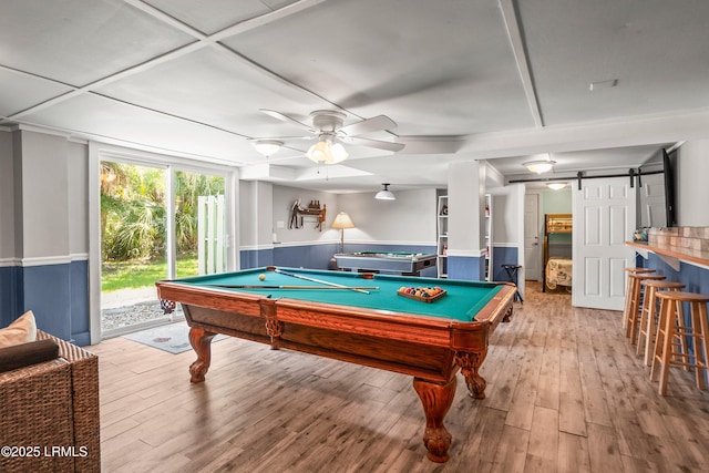 373 Pike Dr, Fripp Island, SC 29920 - game room featuring billiards, wainscoting, wood finished floors, and a barn door