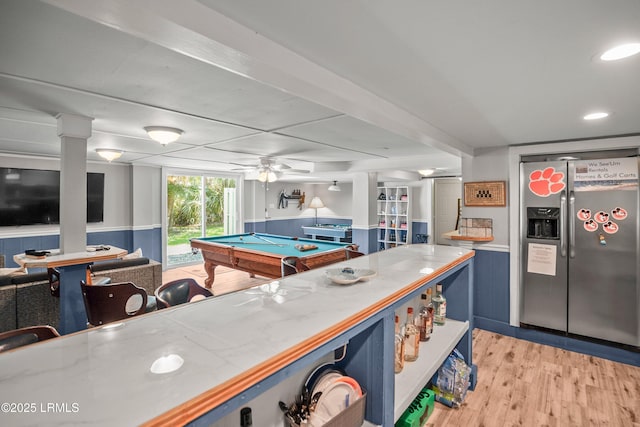 373 Pike Dr, Fripp Island, SC 29920 - rec room with a wainscoted wall, light wood-style flooring, pool table, ceiling fan, and recessed lighting