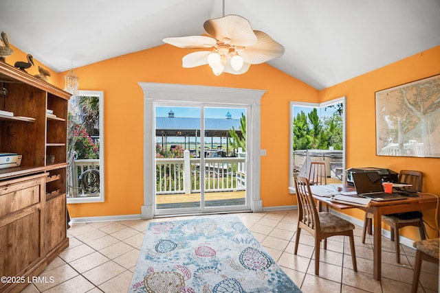 373 Pike Dr, Fripp Island, SC 29920 - office area featuring vaulted ceiling, ceiling fan, plenty of natural light, and light tile patterned floors
