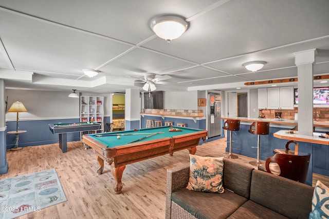 373 Pike Dr, Fripp Island, SC 29920 - rec room featuring billiards, a wainscoted wall, light wood-type flooring, and a ceiling fan
