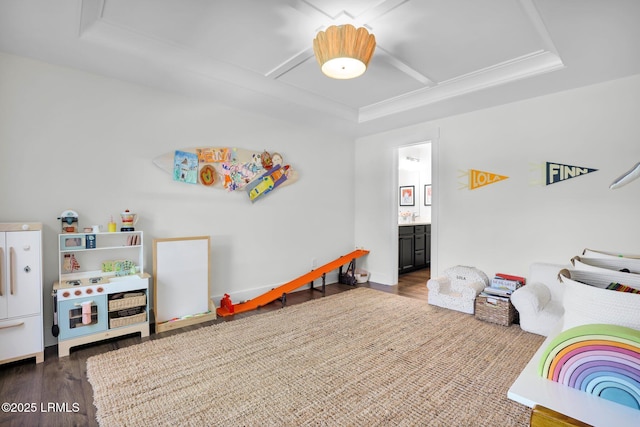 bedroom featuring attic access, wood finished floors, ensuite bathroom, and a tray ceiling