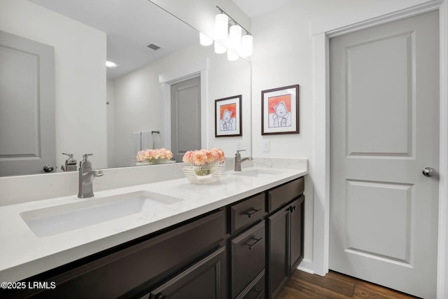 bathroom featuring double vanity, wood finished floors, and a sink
