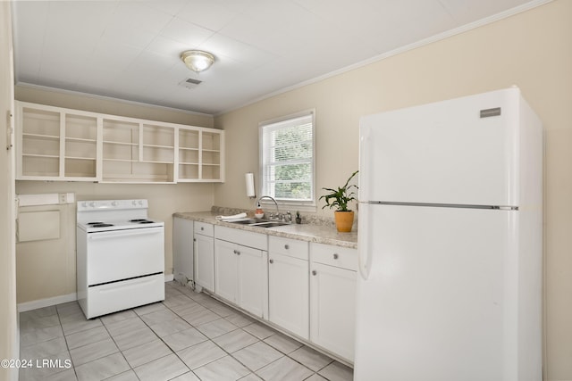 kitchen with light tile patterned flooring, sink, white cabinets, crown molding, and white appliances