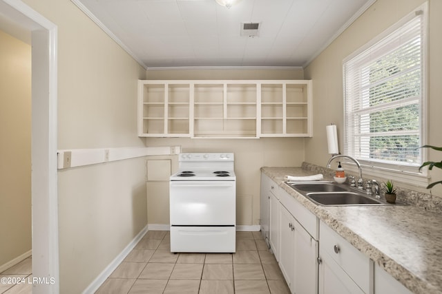 kitchen featuring sink, crown molding, light tile patterned floors, white range with electric cooktop, and white cabinets