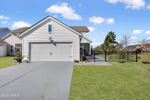 view of side of property with a garage, concrete driveway, a lawn, and fence