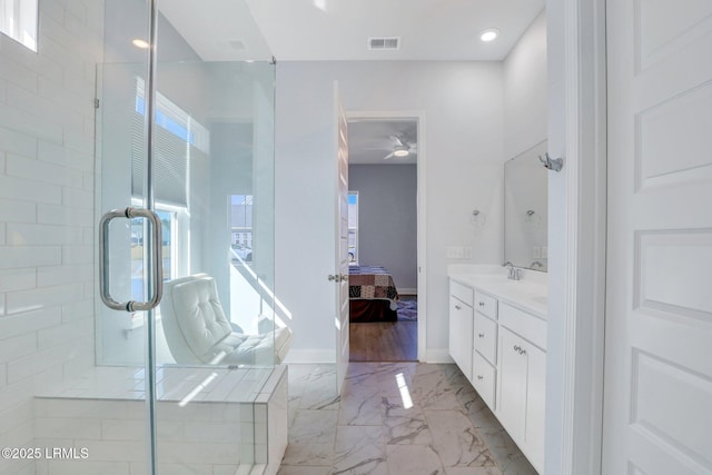 full bathroom with visible vents, ensuite bath, marble finish floor, vanity, and a shower stall