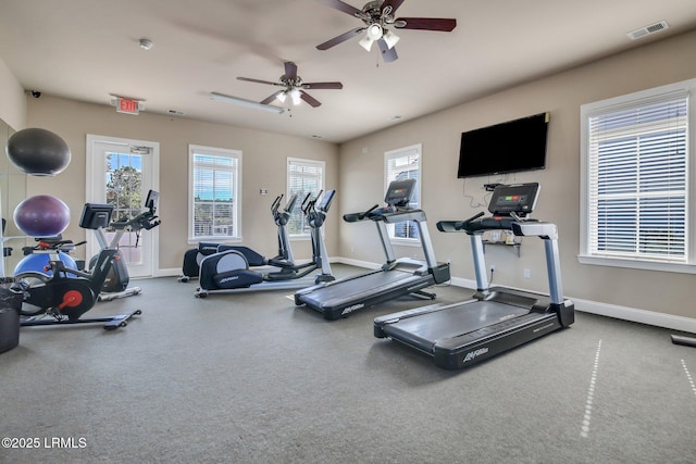 exercise room with visible vents, plenty of natural light, and baseboards