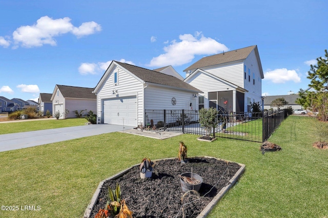 view of side of property with an outbuilding, driveway, a lawn, and fence