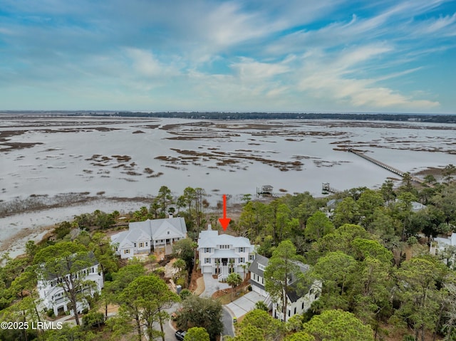 drone / aerial view featuring a water view