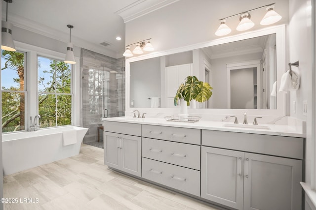 bathroom featuring crown molding, vanity, and shower with separate bathtub