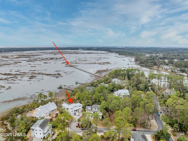 drone / aerial view featuring a water view