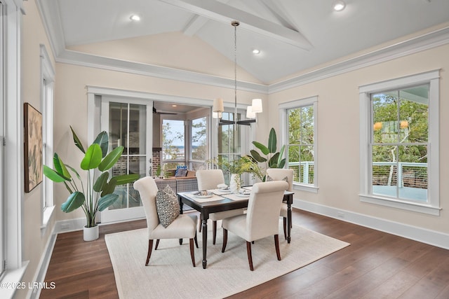 dining area with crown molding, vaulted ceiling with beams, and dark hardwood / wood-style flooring