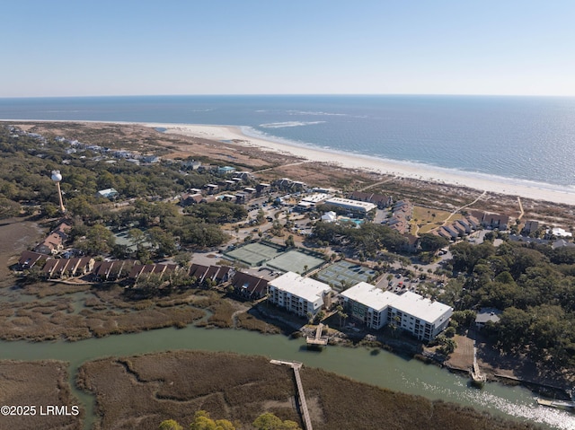 aerial view featuring a water view and a view of the beach