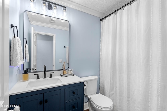 bathroom featuring crown molding, a shower with shower curtain, vanity, a textured ceiling, and toilet