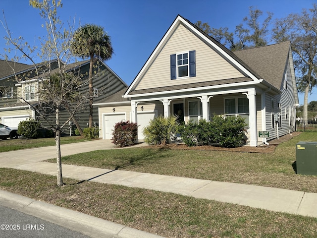 view of front of house with a garage, a front lawn, driveway, a shingled roof, and a porch