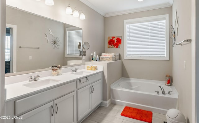 bathroom with double vanity, a bath, crown molding, and a sink