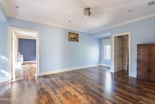 unfurnished bedroom featuring baseboards, visible vents, wood finished floors, and ornamental molding