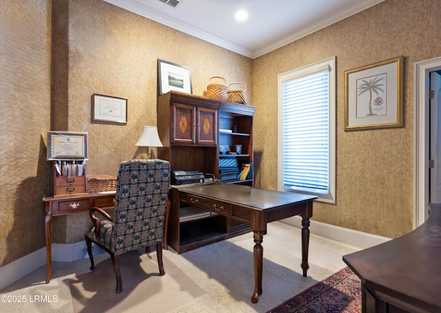 carpeted home office with wallpapered walls, baseboards, and ornamental molding