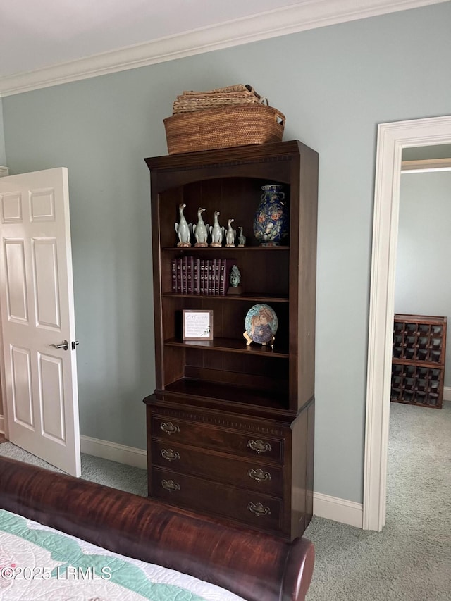 interior space with carpet, baseboards, and crown molding