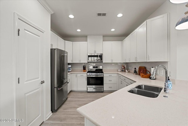 kitchen with sink, tasteful backsplash, light wood-type flooring, stainless steel appliances, and white cabinets